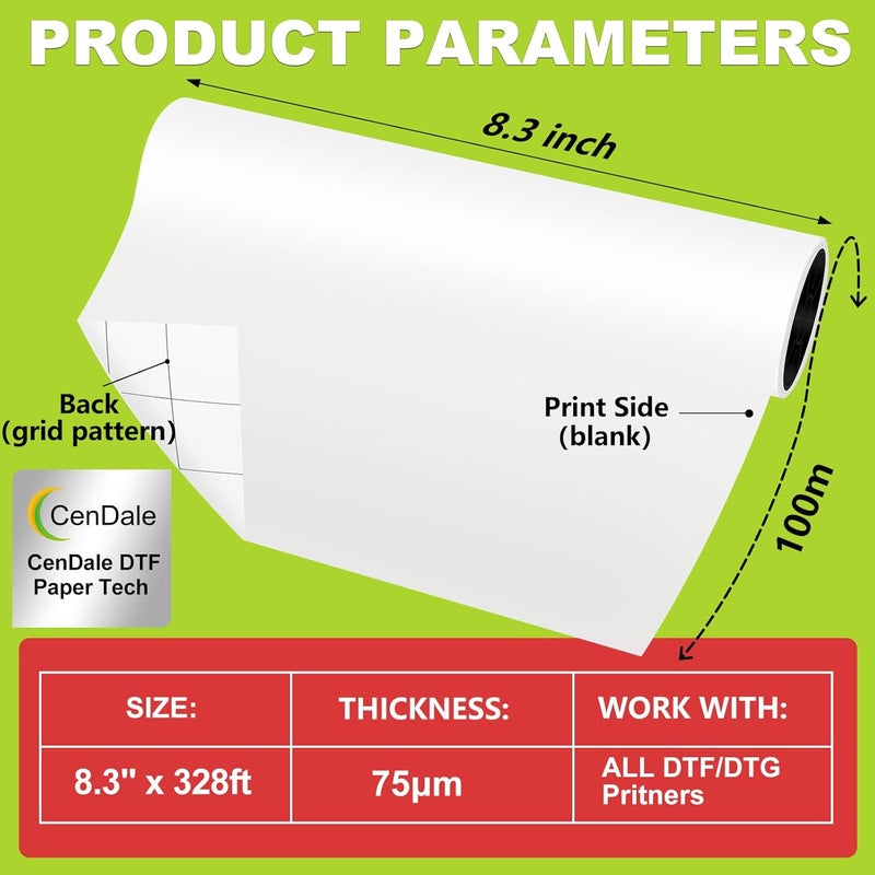 CenDale Upgraded DTF Paper Roll 8.3” x 328ft - Paper Based A4 DTF Transfer Paper Roll for DTF Printer, Eco-Friendly, No Jamming, No Smear, Hot/Cold Peel A4 DTF Roll Paper for Dark & Light Tshirt - Image 2